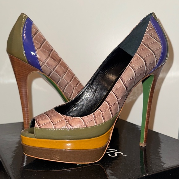 Ruthie Davis Shoes - Ruthie Davis Popsicle Croc Brown and Green Peep-Toe Heels